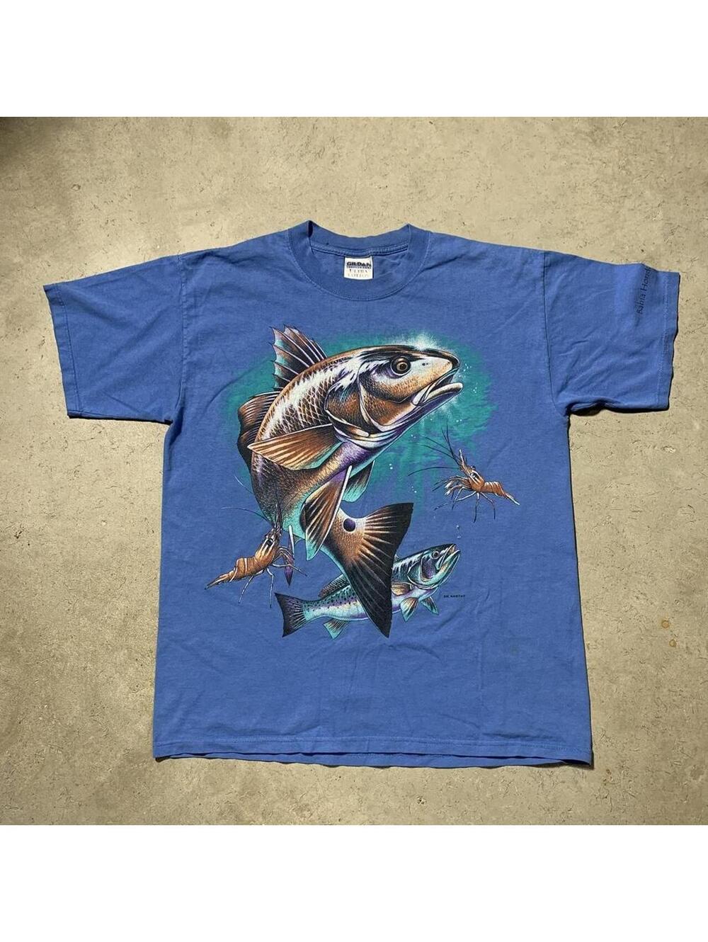 Vintage Y2K Redfish Fishing Graphic T Shirt Mens L Blue Made Canada Gildan